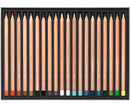 Set of colored pencils with color swatches on black background