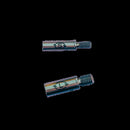 Two metallic connectors with brand logo on a black background