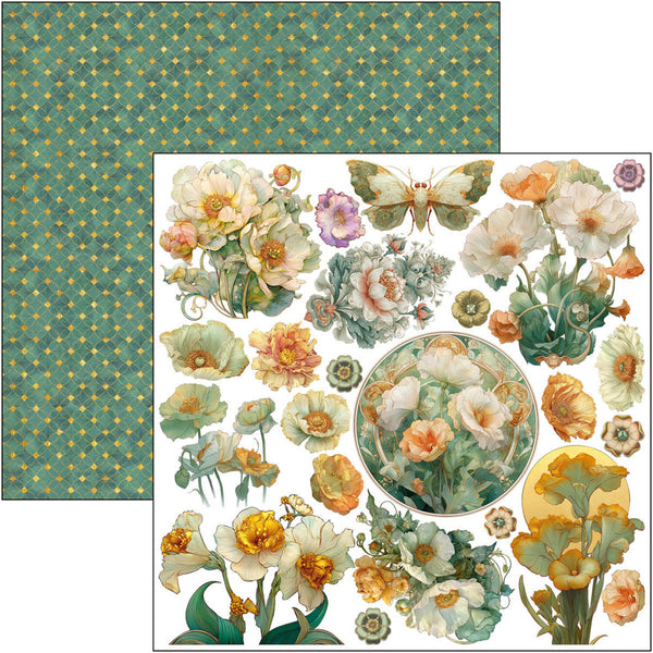 Sheet of floral stickers with a green patterned border