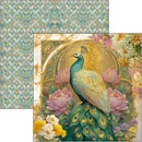 Decorative paper with a peacock and floral design on a patterned background