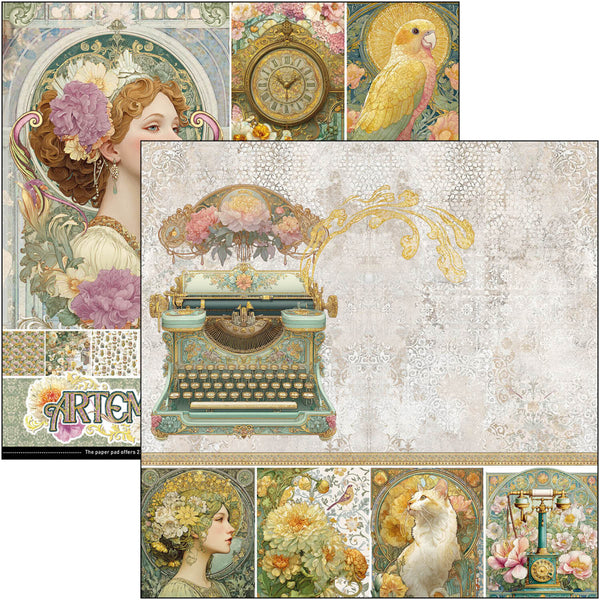 Collage of vintage-style illustrations including a typewriter, women's faces, and nature elements.
