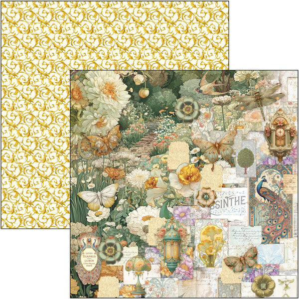 Double-sided paper with floral and nature-themed design on one side and gold patterned design on the other.