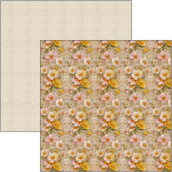 Floral patterned paper with pink, yellow, and white flowers on a beige background