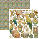 Decorative paper sheet with vintage-style illustrations of birds, flowers, and decorative elements on a white background.