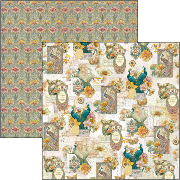 Decorative paper with floral and peacock designs on a white background