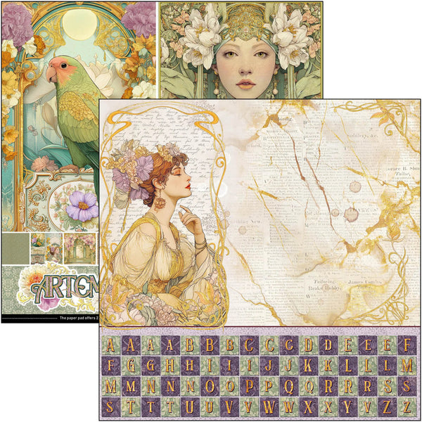 Art Nouveau-style collage with decorative elements, a parrot, and a woman with flowers in her hair.