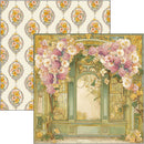Decorative paper with floral design and ornate frame on a matching patterned background.