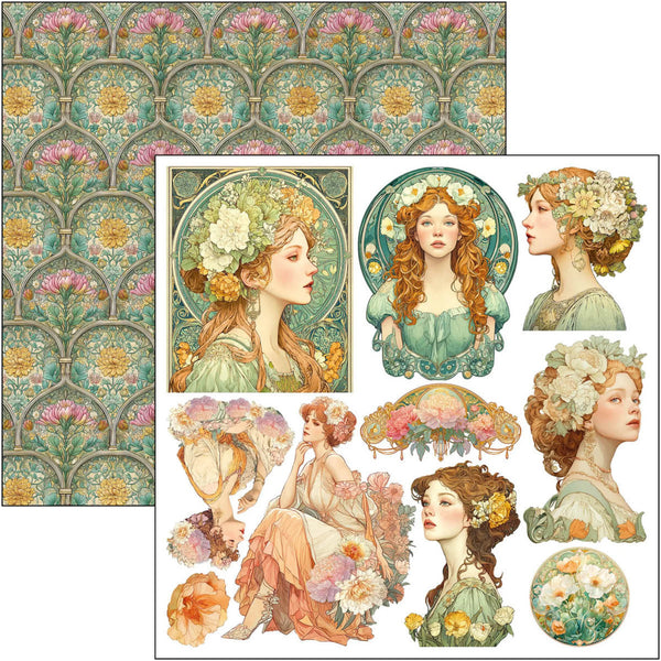 Collection of Art Nouveau-style illustrations featuring women with floral hair and patterns.