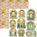 Decorative elements with floral patterns and architectural designs on a white background