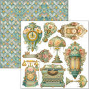 Decorative elements including a clock, lamp, typewriter, and key against a patterned background.