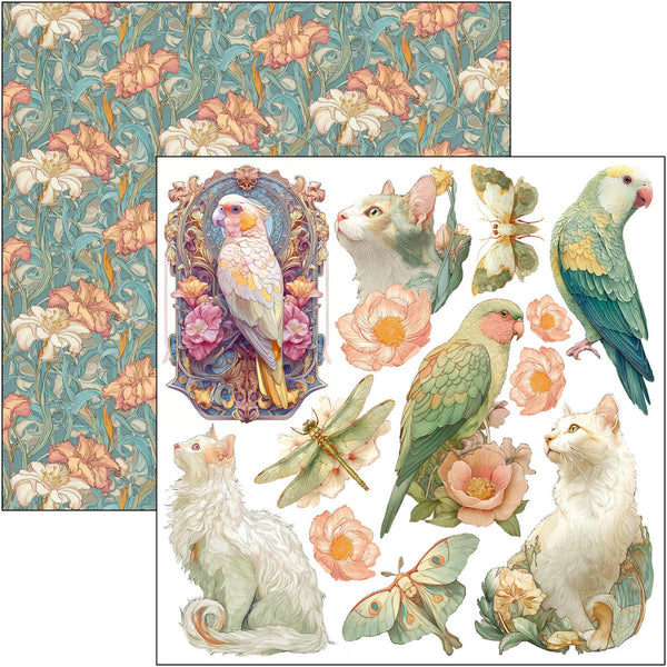 Vintage-style illustration of birds, cats, and flowers with a floral pattern.
