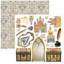 Collage of vintage-style decorative elements including castles, chests, and patterns on a white background.