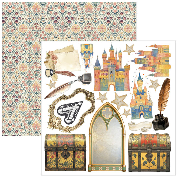 Collage of vintage-style decorative elements including castles, chests, and patterns on a white background.
