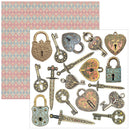 Collection of vintage-style locks and keys on a decorative paper background