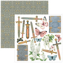 Collection of decorative elements including swords, butterflies, and books with a floral pattern on a white background.