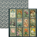 Collection of vintage-style cards with floral and portrait designs on a decorative patterned background.