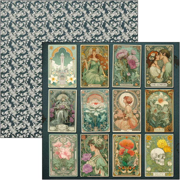 Collection of vintage-style cards with floral and portrait designs on a decorative patterned background.