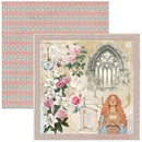 Vintage-style card with floral design, woman holding a book, and architectural elements on a pink and white patterned background.