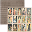 Collection of vintage-style tarot cards with intricate designs on a textured brown background.