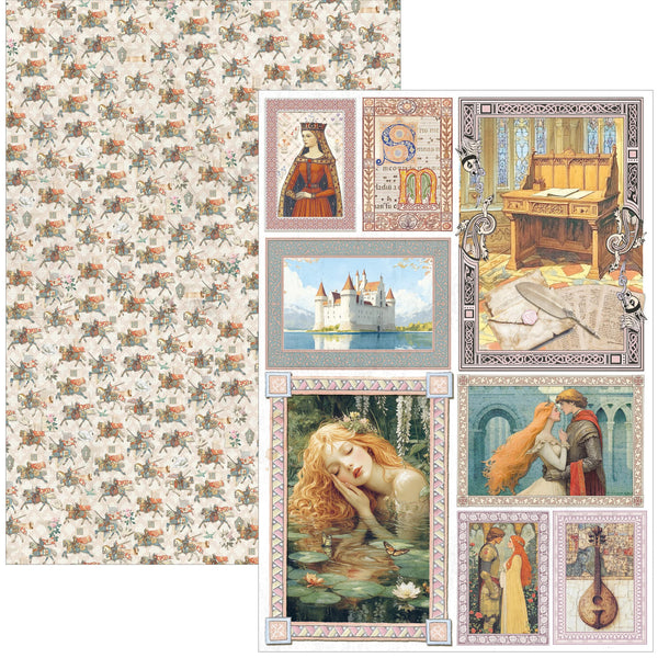 Collection of vintage-style illustrations and patterns with romantic and historical themes.