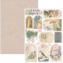 Vintage-style paper sheet with decorative tags and designs on a white background