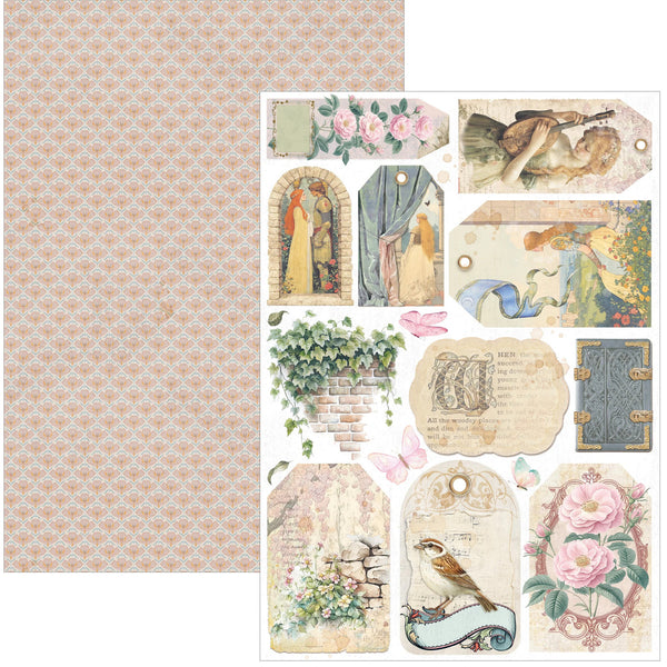 Vintage-style paper sheet with decorative tags and designs on a white background