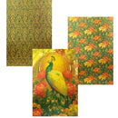 Set of four decorative paper sheets with peacock and floral designs on a white background