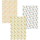 Three different patterned paper sheets on a white background
