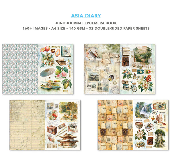 Junk Journal Ephemera Book by Asia Diary with various designs on a white background