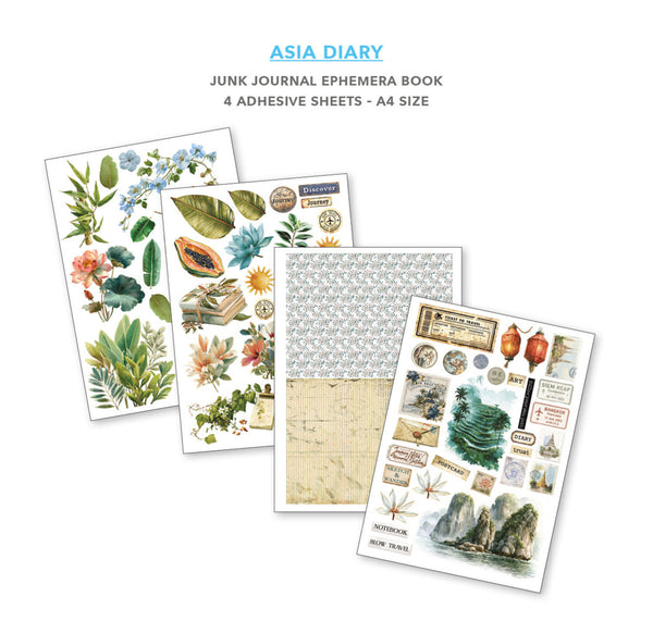 Set of four adhesive sheets from an 'Asia Diary' junk journal ephemera book on a white background.