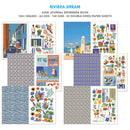 Junk Journal Ephemera Book titled 'Riviera Dream' with various illustrations and patterns on a white background.