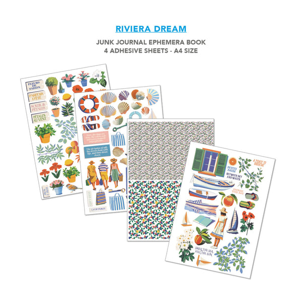 Junk Journal Ephemera Book with adhesive sheets featuring various designs on a white background.