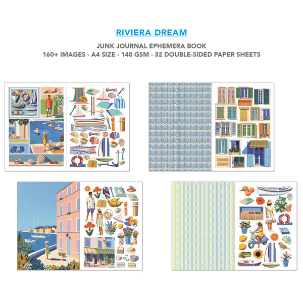 Riviera Dream junk journal ephemera book with various illustrations and patterns on a white background.