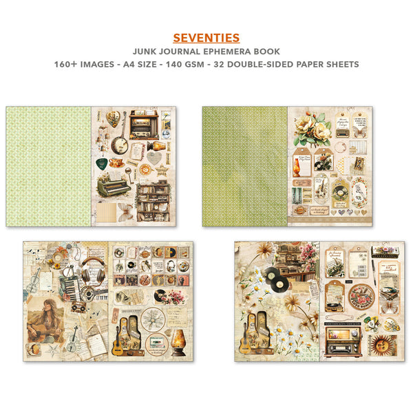 Junk Journal Ephemera Book with vintage-themed paper sheets on a white background