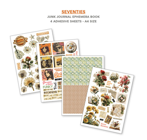 Four adhesive sheets from a 'Seventies' junk journal ephemera book on a white background.