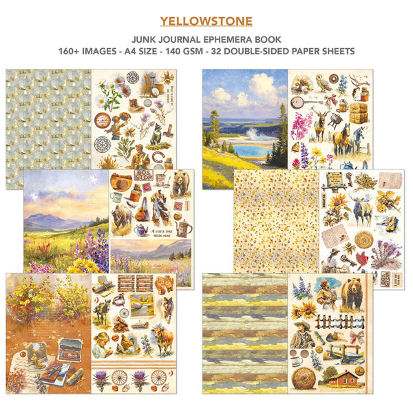 Yellowstone junk journal ephemera book with various scenic and nature-themed images on a white background.