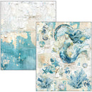 Two pieces of decorative paper with mermaid and sea-themed designs on a textured background.