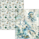 Two sheets of paper with ocean-themed designs, one with shells and the other with marine life.