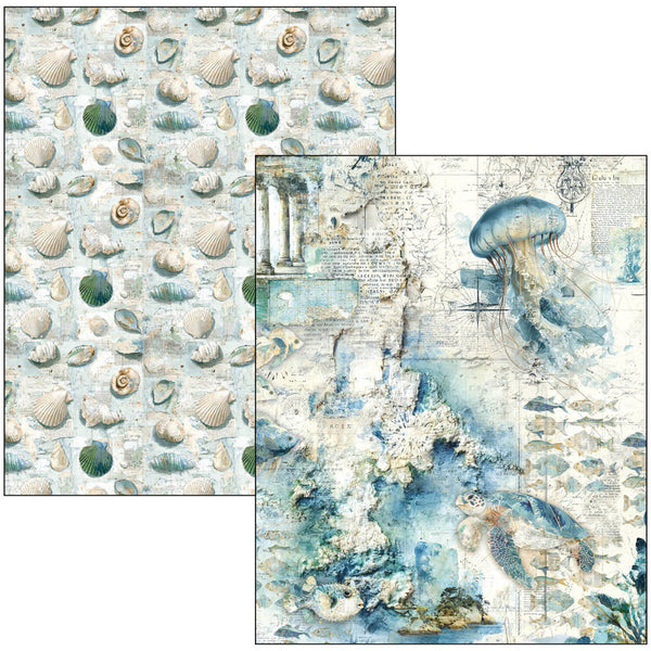 Two sheets of paper with ocean-themed designs, one with shells and the other with marine life.