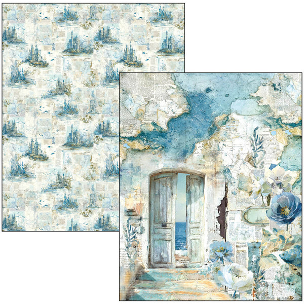 Two pieces of decorative paper with nautical and floral designs on a white background.