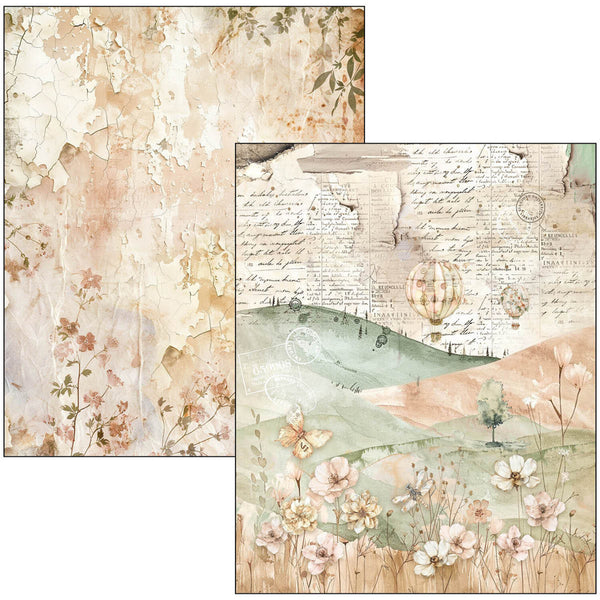 Two pieces of paper with floral and landscape designs on a white background