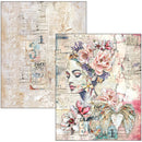 Collage of a woman's face with flowers and vintage text on a textured background