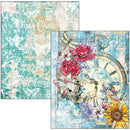 Two decorative paper sheets with floral and clock design on a textured background.