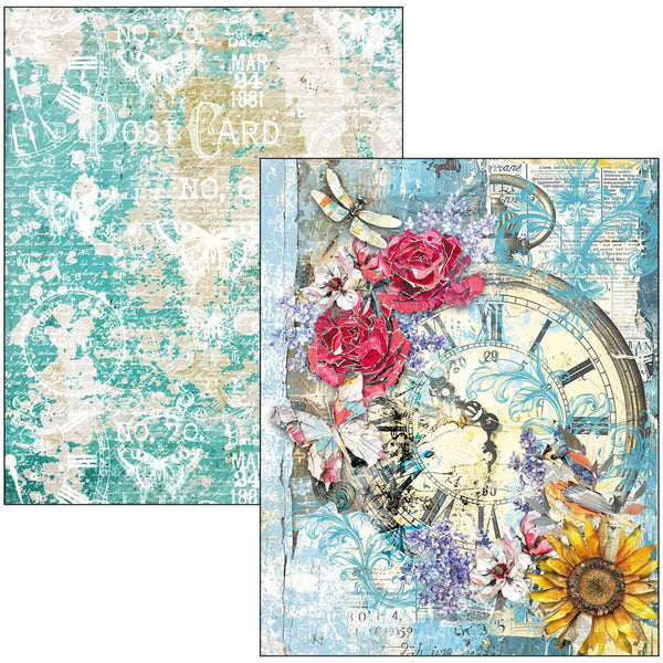 Two decorative paper sheets with floral and clock design on a textured background.
