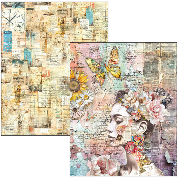 Two decorative paper sheets with vintage design elements and floral illustrations.