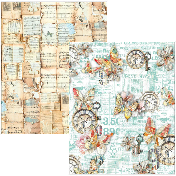 Two sheets of decorative paper with vintage-themed designs featuring butterflies, clocks, and floral elements.