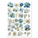 Sheet of blue and white floral stickers on a white background