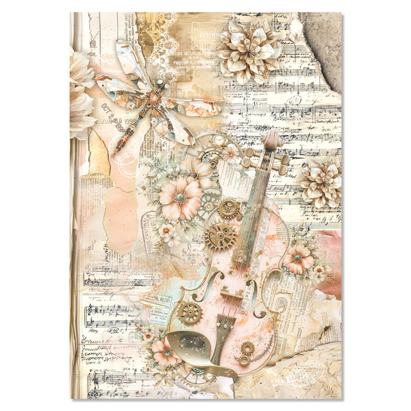Decorative paper with vintage elements like flowers, gears, and music sheets on a white background