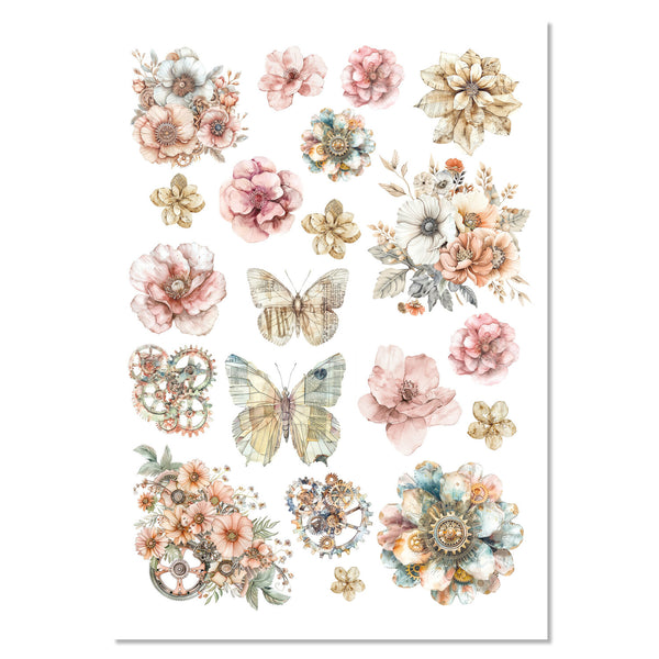 Sheet of decorative flowers and butterflies on a white background
