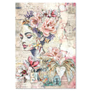 Artistic depiction of a woman's face with floral elements on a textured background
